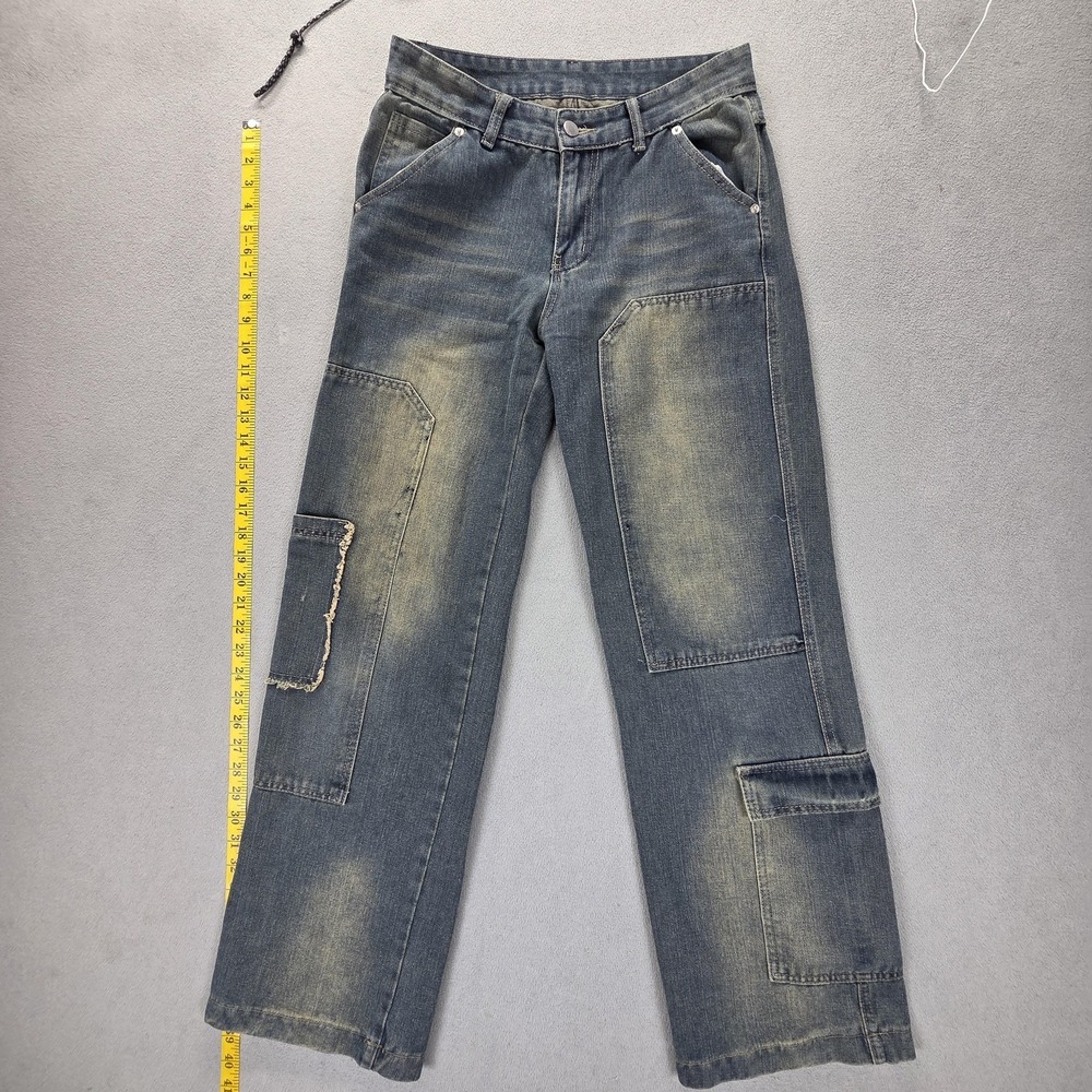 Cargo Jeans Mens Blue Med Wash Straight Distressed Utility Fits 28x31